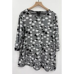 Ali Miles Shirt Womens Large Gry Black Polka Dots Tunic Stretch Art To Wear